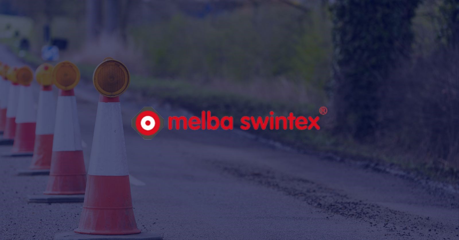 Traffic cones in a line with a dark blue tint over the image and the Melba Swintex logo in red