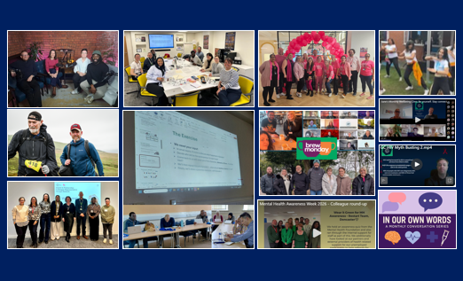Collage image of groups of people in various indoor and outdoor settings, including a screenshot of a Teams call - mostly looking to camera