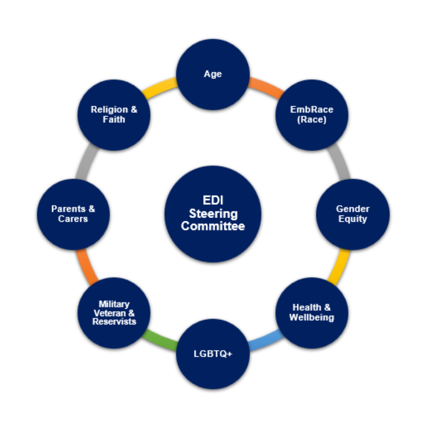 Diagram showing our eight EDI Networks. In the centre is a blue circle with white text that reads: 'EDI Steering Committee'. Around it are eight smaller circles containing the networks: Age, Embrace (Race), Gender Equity, Health & Wellbeing, LGBTQ+, Military Veterans & Reservists, Parents & Carers, and Religion & Faith