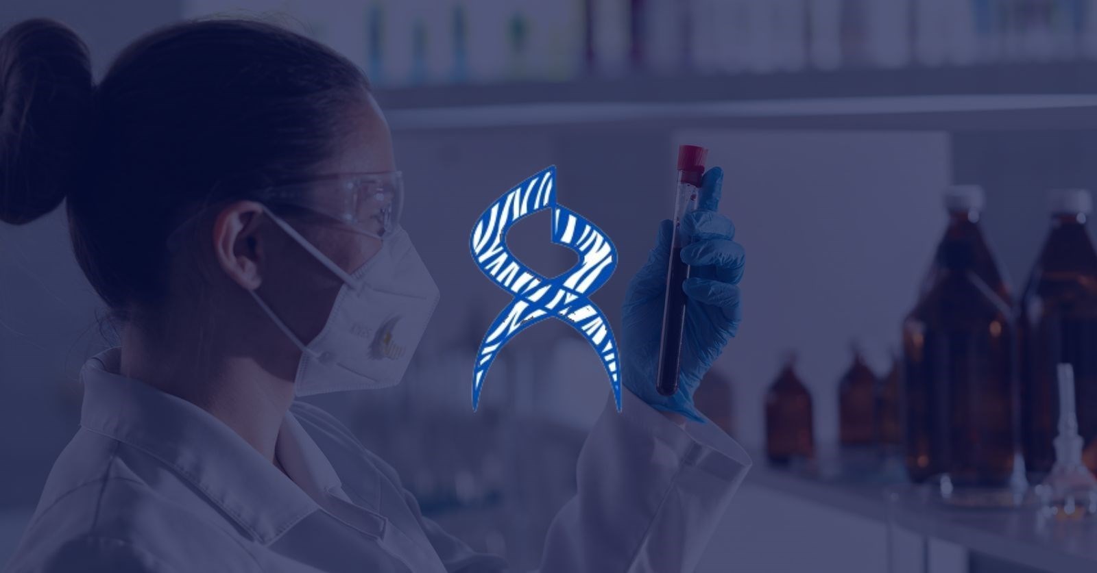 Scientist looking at a test tube wearing a facemask with a dark blue tint overlayed and the Innovarus logo 