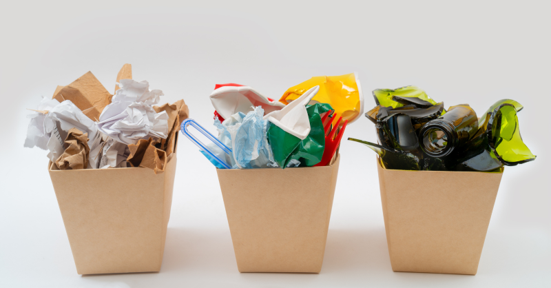 Three small waste bins overflowing with different types or waste, paper, plastic and glass.