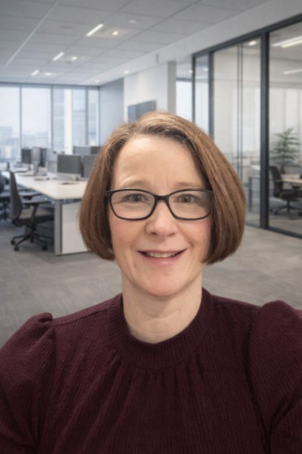 Julie Woosey wearing a dark red top with a modern office in the background