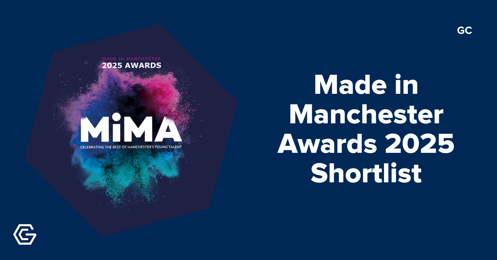  MIMA Awards logo in a hexagon on the left side, on the right side is white text on dark blue background reads: Made in Manchester Awards 2025 Shortlist