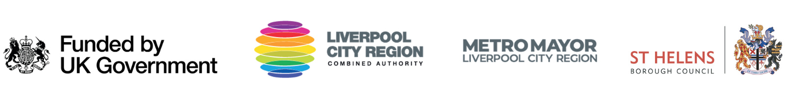 Funded by UK Government, Liverpool City Region Combined Authority, Metro Mayor Liverpool City Region and St Helens Borough Council logos