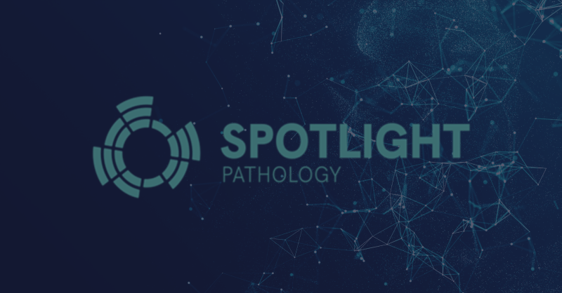 dark blue background with a design that depicts data with the Spotlight Pathology logo overlayed