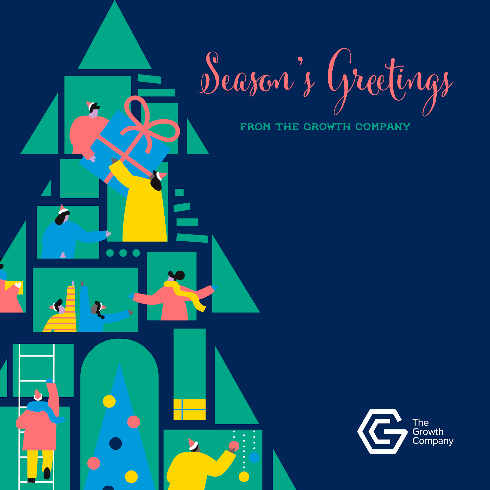 Animated gif of the Growth Company's 2025 Christmas card design. To the left is a Christmas tree effect made up with Green shapes that feature colourful silhouettes of people doing festive activities such as decorating and carrying presents, alongside some presents stacking on top of each other and a Christmas tree. To the right, pink text reads: 'Season's Greetings' with green text underneath that reads 'from The Growth Company'