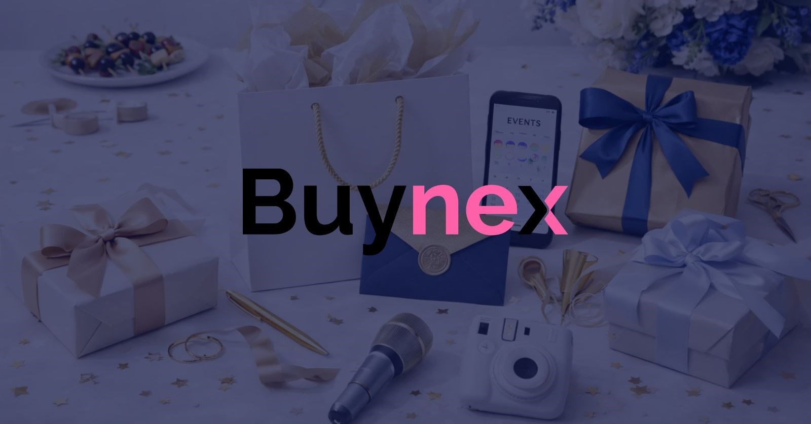Gift boxes and gift bags with a blue tint and the Buynex logo overlayed