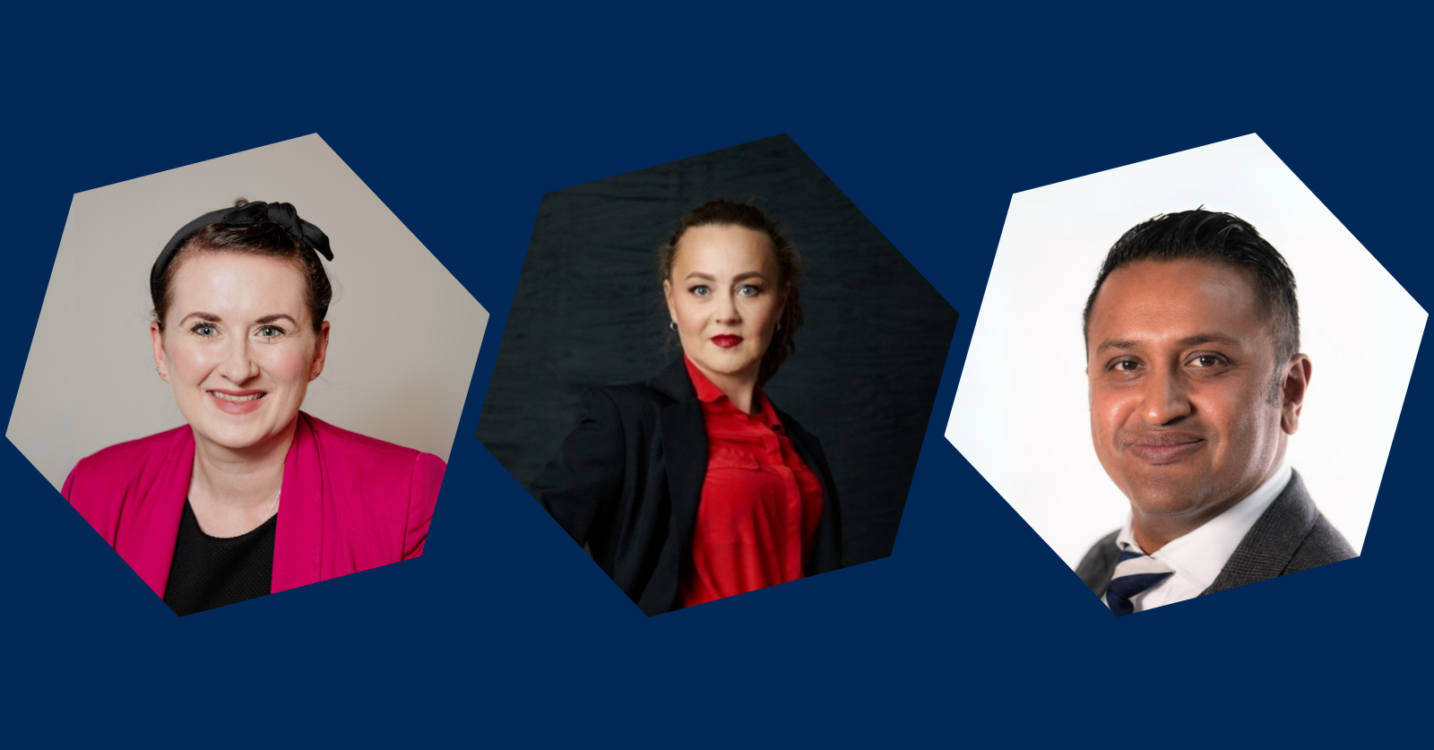 Photos of Naomi Ilagoswa, Head of Strategic Partnerships and External Projects, and Marianna Vaszilyiv, Lead Key Worker for United for Ukraine, and Ranvir Singh, Investment Manager for GC Angels, on a dark blue background