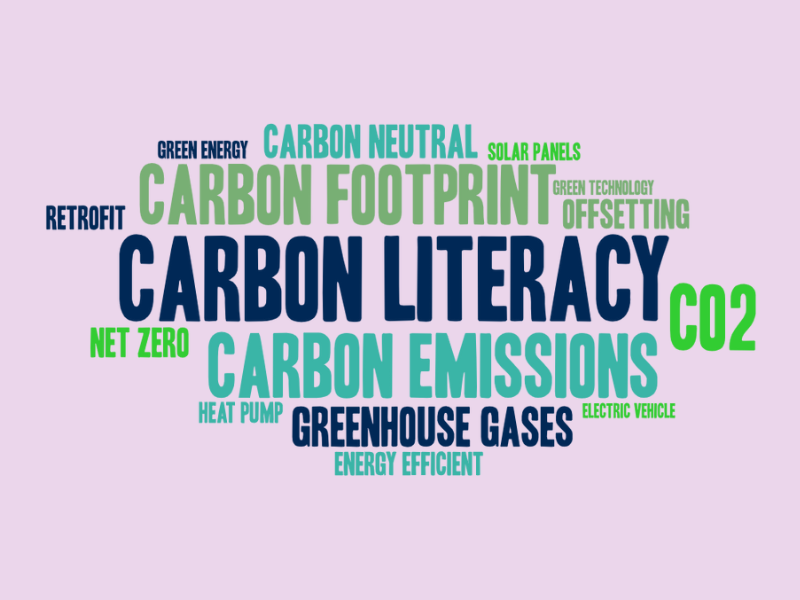 Word cloud with common phrases relating to net zero: carbon literacy, carbon emissions, carbon footprint, greenhouse gases, CO2, carbon neutral, offsetting, net zero, energy efficient, green energy, green technology, retrofit, heat pump, solar panels, electric vehicle 