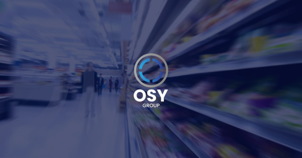 Supermarket shelf with a dark blue tint, the OSY Group logo is in the middle which features a grey circle with a blue circle inside