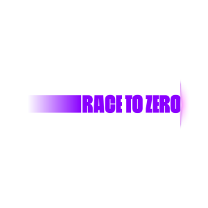 Purple text "Race to Zero" with a gradient effect on a white background, signifying speed