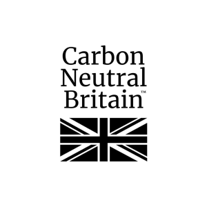 Black text "Carbon Neutral Britain" above a black-and-white Union Jack flag